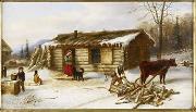 Cornelius Krieghoff Chopping Logs Outside a Snow Covered Log Cabin oil